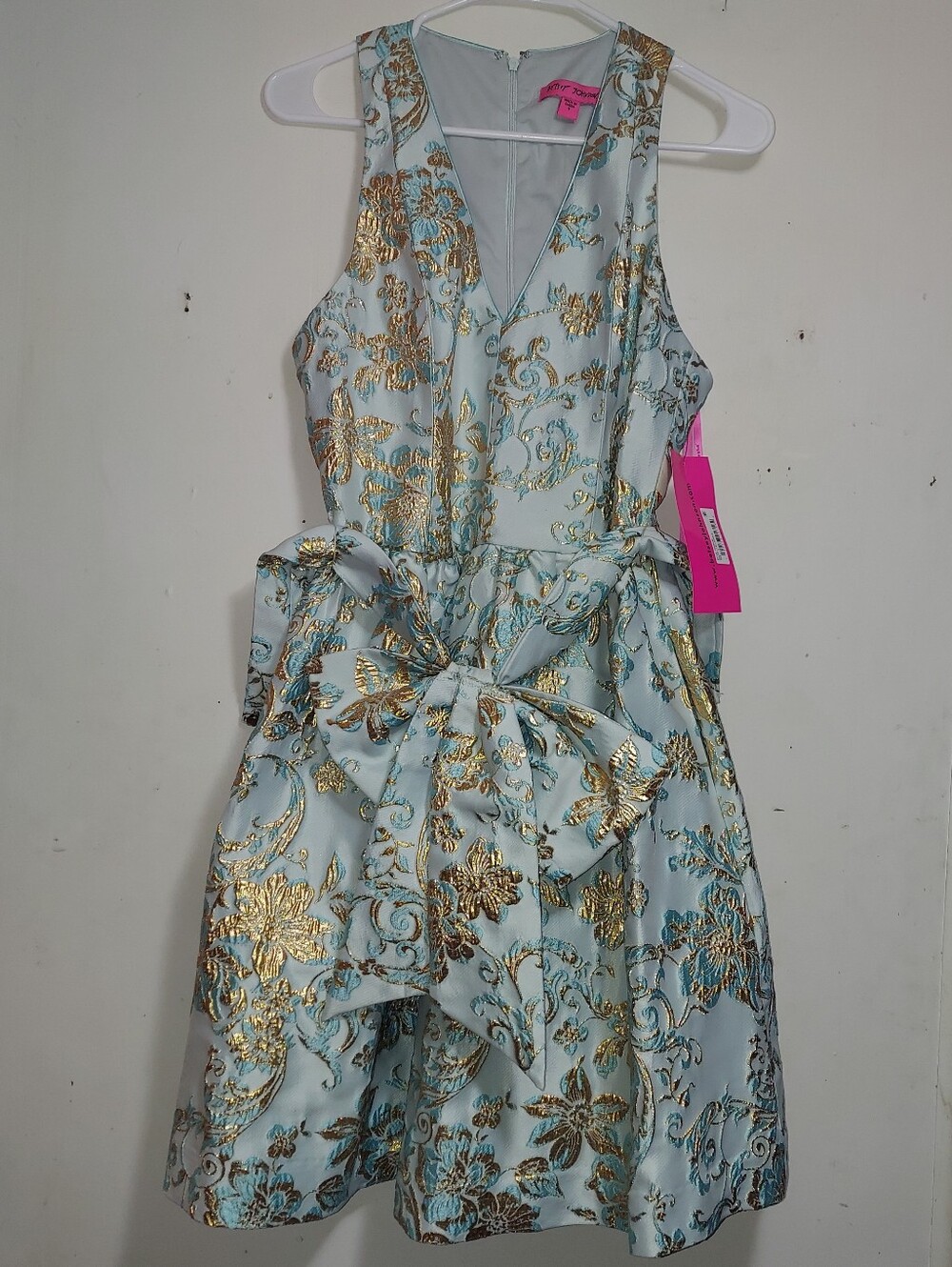 NWT Betsy Johnson Light Blue & Gold Floral Brocade Girls' Dress with Bow Belt